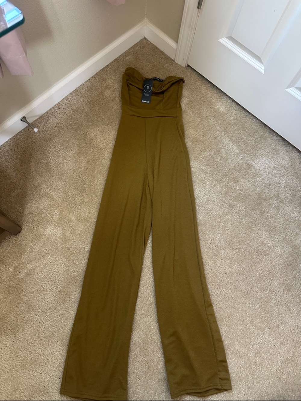 Boohoo Petite Olive Strapless Wide-Leg Jumpsuit